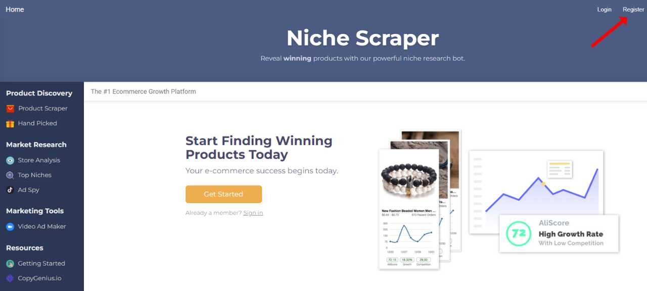 niche scraper login and register page